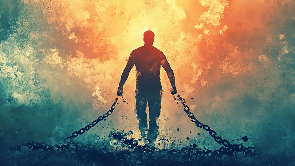 Graphic of a man breaking free from chains on his wrists to illustrate the article 