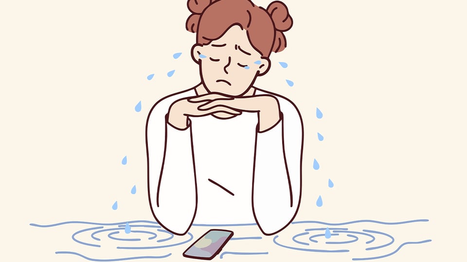 Graphic of a girl crying with her phone in front of her, to illustrate the article 