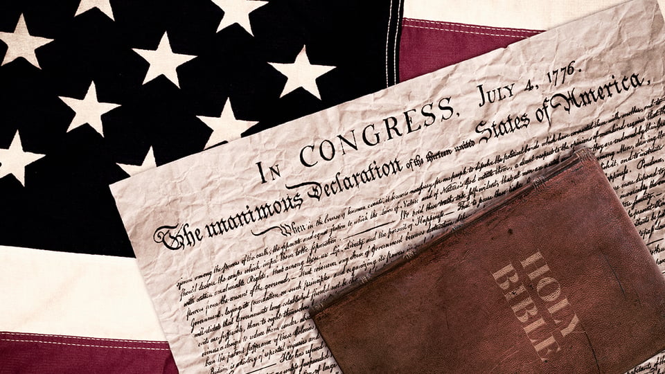 Photos of a U.S. flag, the Declaration of Independence and a Bible