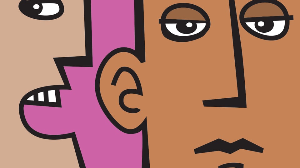 Graphic of a person talking into another person's ear