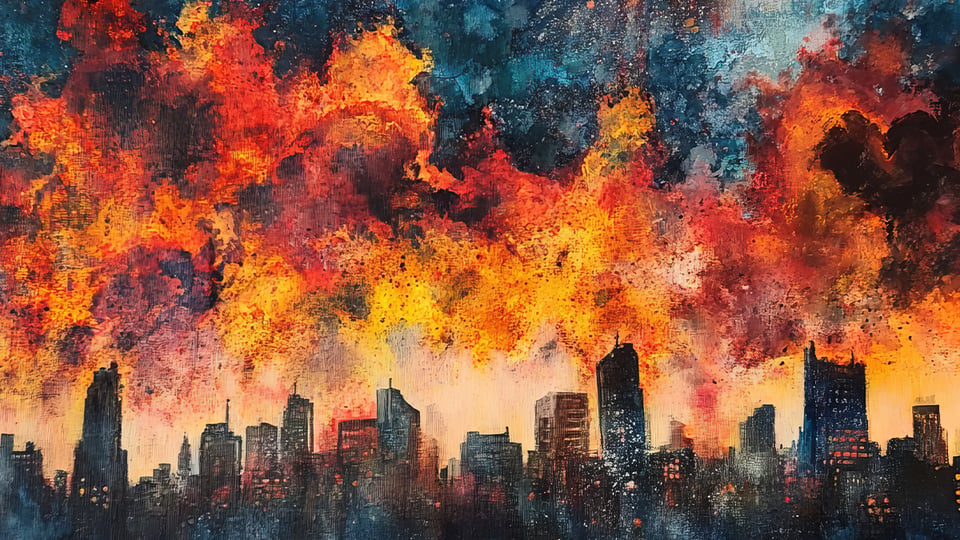 Illustration of a city skyline burning to illustrate the article 