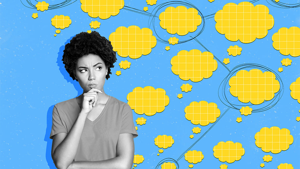 Graphic of a woman in a thoughtful pose surrounded by thought bubbles to illustrate the article 