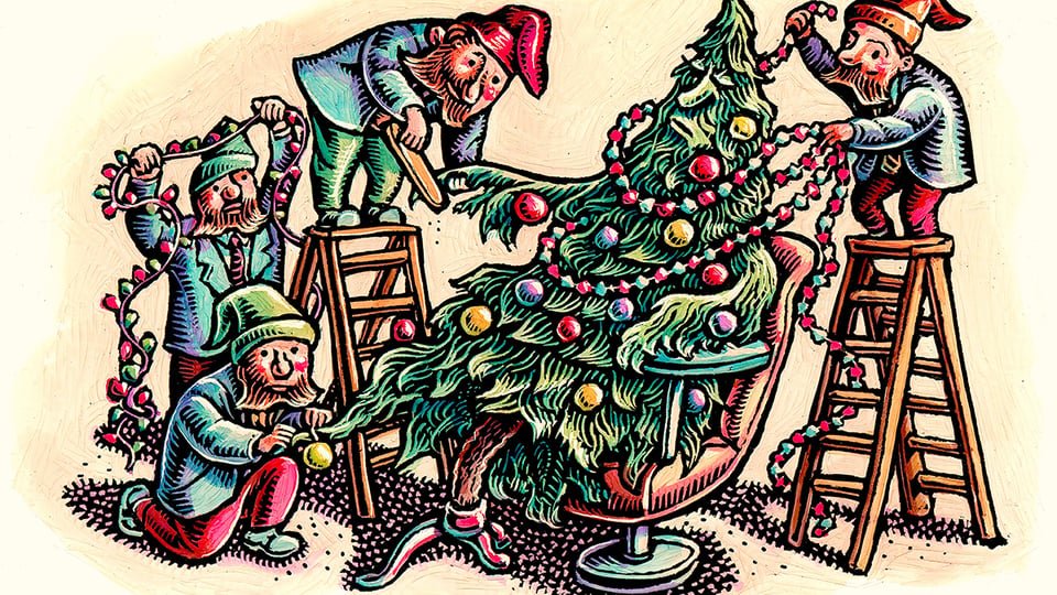 Graphic of elves decorating a Christmas tree to illustrate the article 