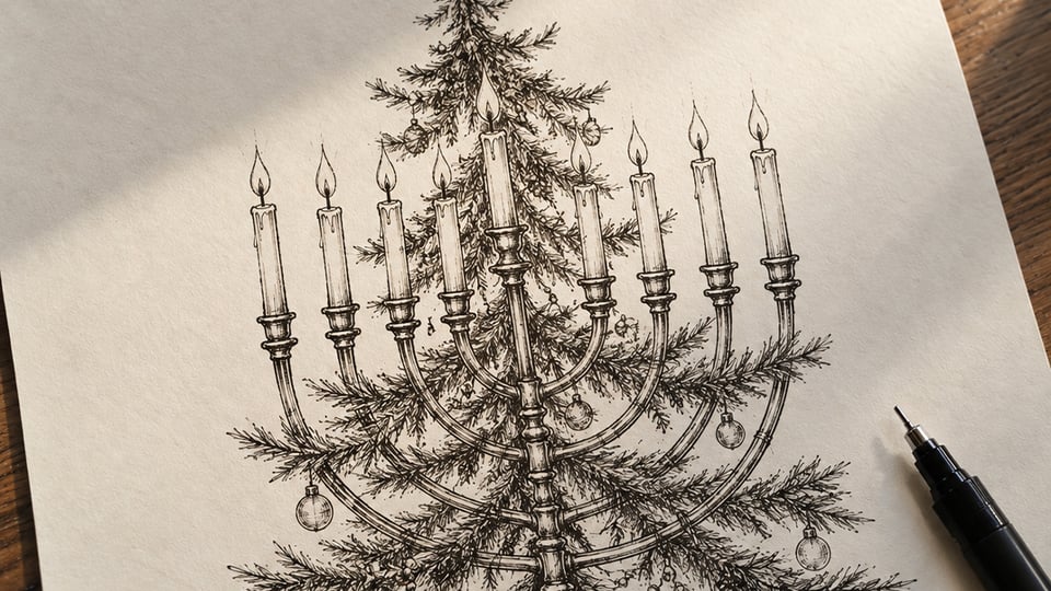 Graphic combining a Christmas tree and a menorah to illustrate the article 