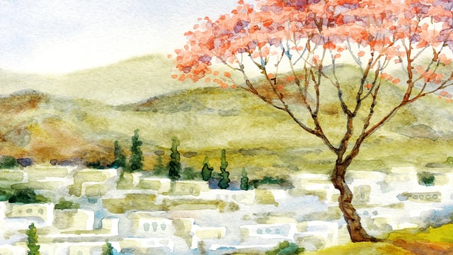 Colorful impressionistic graphic of a hillside with buildings and a tree in the foreground to illustrate the article 