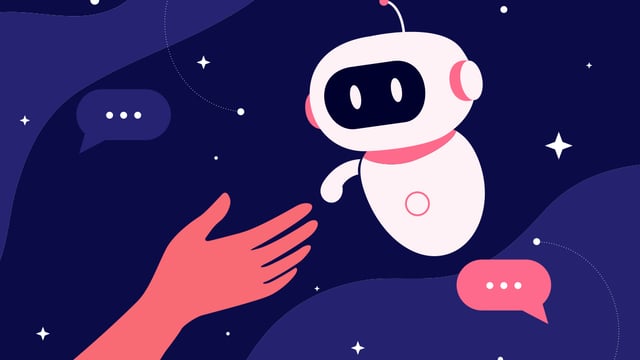 Cartoon style graphic of human hand reaching out to a robot 