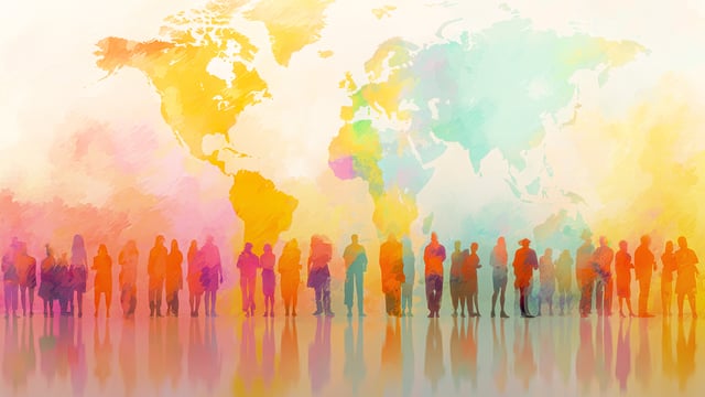A graphic of people standing in front of a multicolor map of the world to illustrate the article 