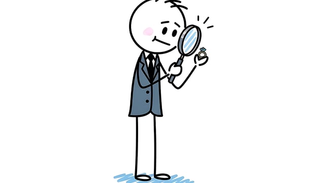 Cartoonish line drawing of a person looking a diamond ring through a magnifying glass, to illustrate the article 