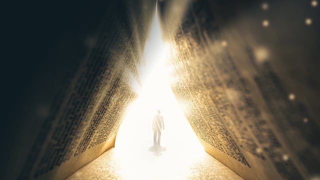 Illustration of a person entering a bright light, seen under an open Bible forming a tent, to illustrate the article 