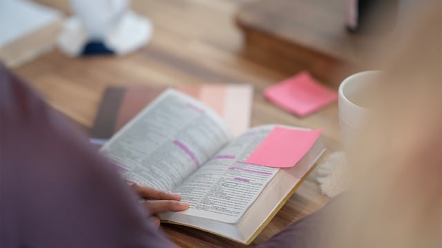 Photo of a person reading a Bible with markings and a post-it note to illustrate the article 