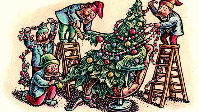 Graphic of elves decorating a Christmas tree to illustrate the article 