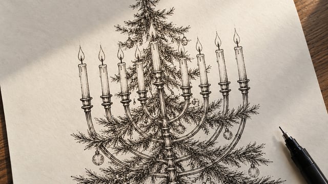 Graphic combining a Christmas tree and a menorah to illustrate the article 