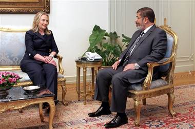 U.S. Secretary of State Hillary Clinton meets with Egyptian President Mohammed Morsi in July 2012. (U.S. State Department photo; public domain.)