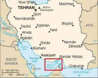 The Strait of Hormuz highlighted on a map of Iran (from the CIA World Factbook).