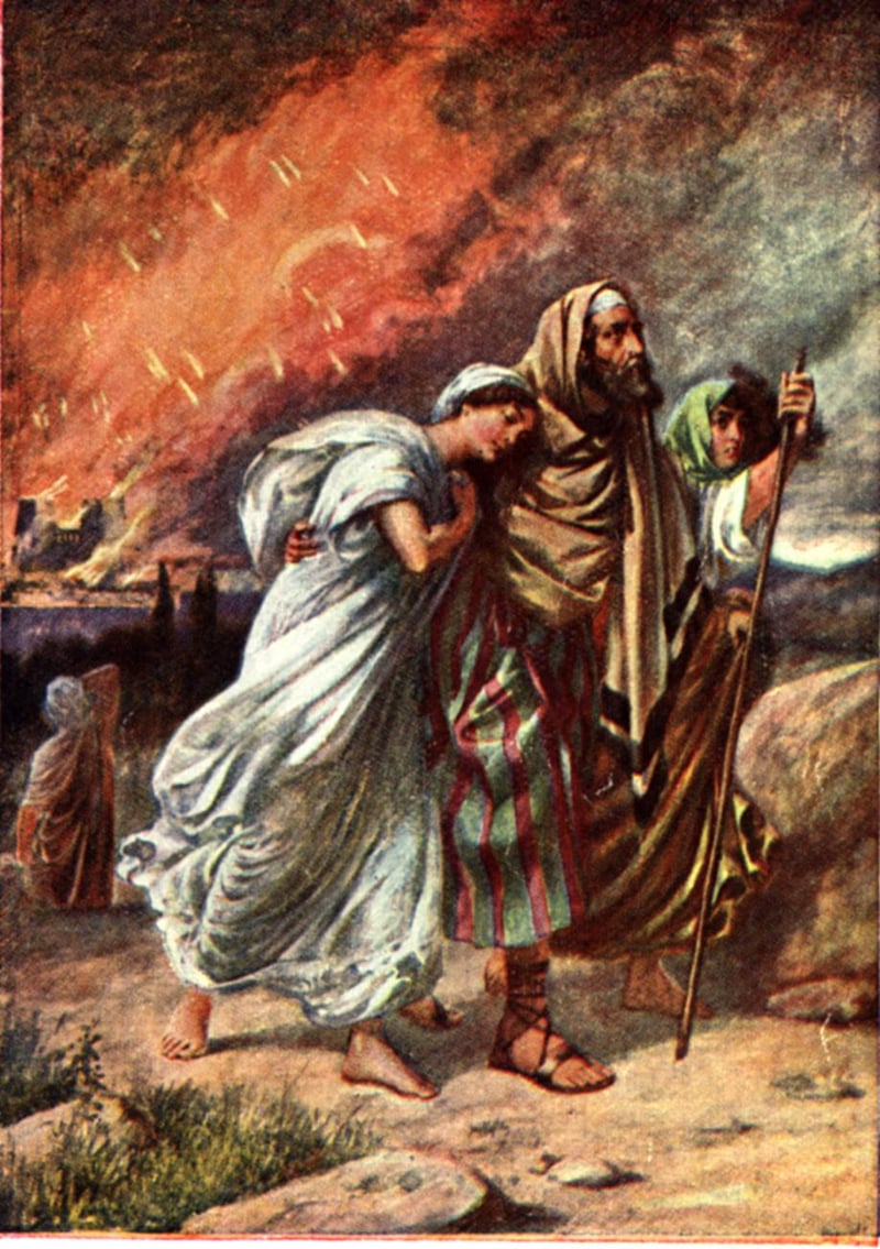 The New Morality and an Old City. Artist's conception of Lot escaping Sodom with his daughters, while his wife looks back.