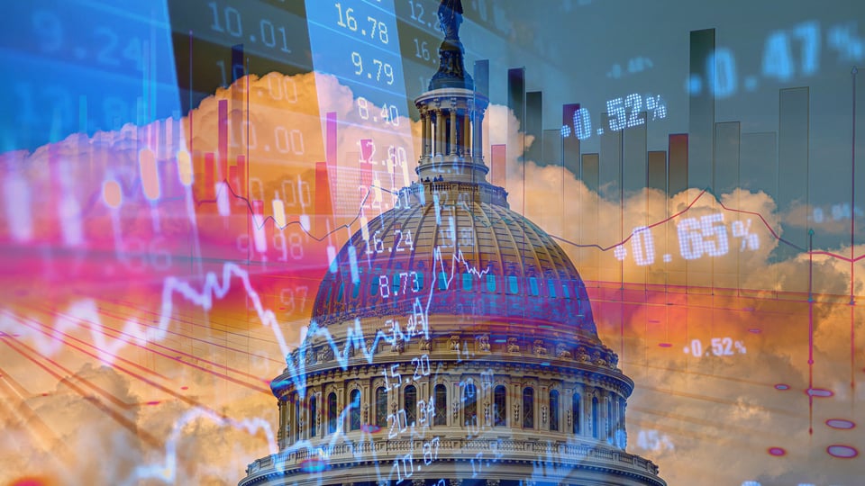 Photos of the U.S. Capitol with images of financial stats overlaid on it to illustrate the article 