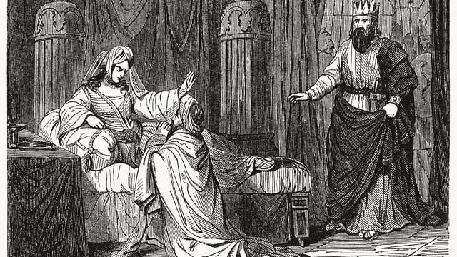 Woodcut image of Haman begging Esther for his life, to illustrate the article 