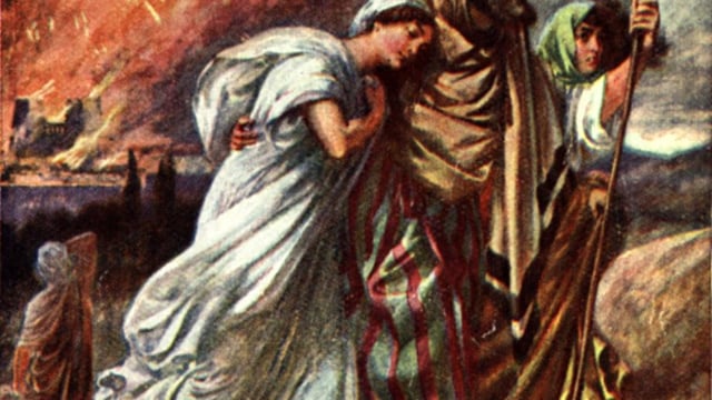 The New Morality and an Old City. Artist's conception of Lot escaping Sodom with his daughters, while his wife looks back.