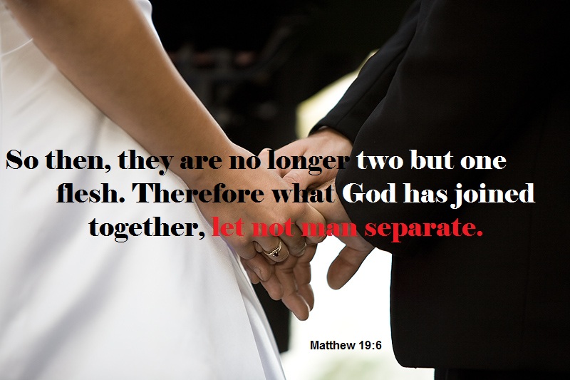 Matthew 19:6: “So then, they are no longer two but one flesh. Therefore what God has joined together, let not man separate.”